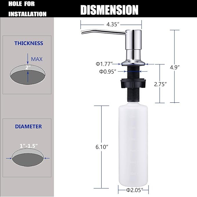 Soap Dispenser for Kitchen Sink Chrome, Sink Soap Dispenser Stainless Steel - Image 6