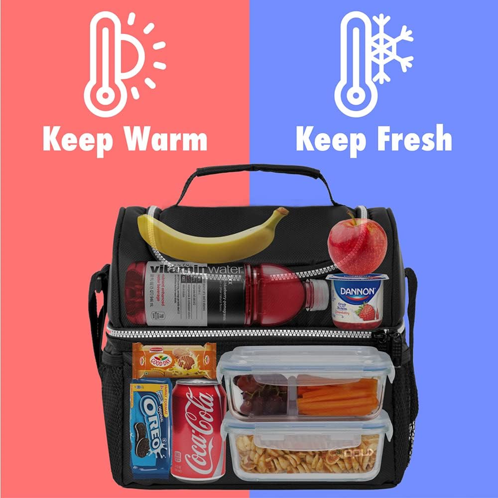 OPUX Lunch Box For Men Women, Insulated Large Lunch Bag Adult Work, Double Decker Lunchbox Meal Prep, Dual Compartment Leakproof Lunch Cooler, Soft Lunch Pail Tote Boys Girls Kids School, Black 16 Can