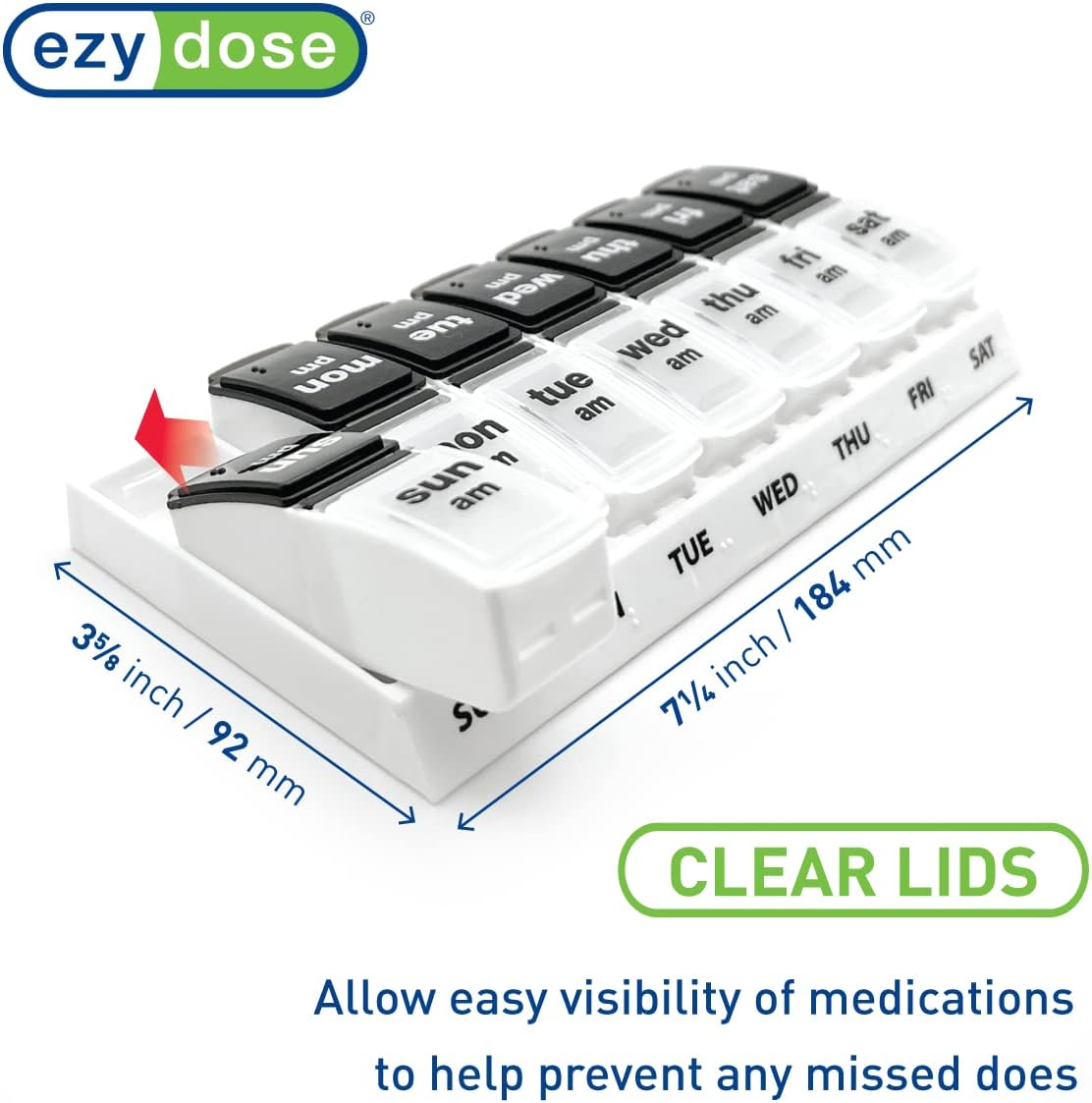 EZY DOSE Weekly (7-Day) Daily AM/PM Pill Case, Medicine Planner, Vitamin Organizer, Supplement Container, Large Pop-Out Compartments, Designed for Travel 2 Times a Day, Black and White Lids