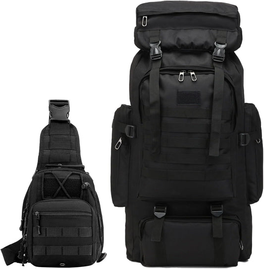 80L 2Pcs Hiking Backpack for Men with Sling Tactical Backpack - Rucksack Molle Military Tactical Waterproof Lightweight Camping Backpack 3 Day Assault Pack for Travel, Climbing, Backpacking