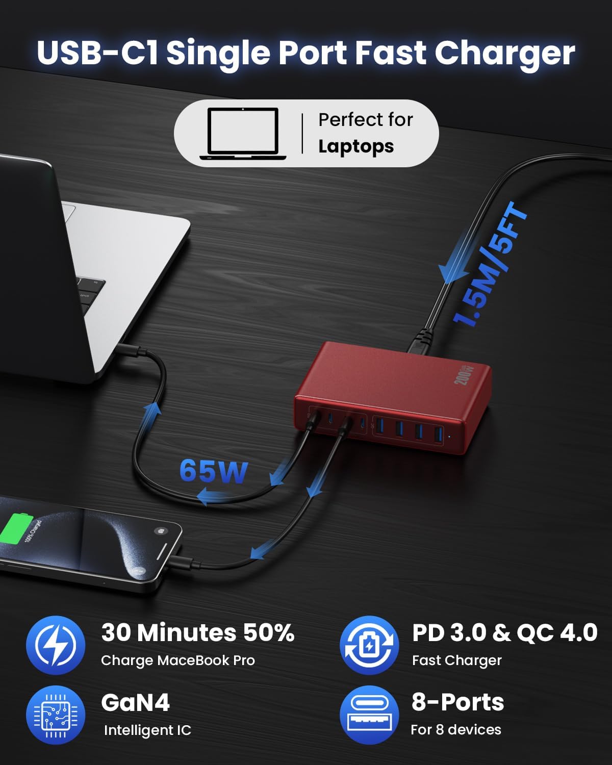 200W USB C Charger Block,GaN IV Charging Station 8 Ports,QC4.0 Fast Charging Station Hub+PD 65W USB C Laptop Charger Adapter Compatible with MacBook Air/Pro,DELL,iPhone 16/15,iPad,Steam Deck-Red