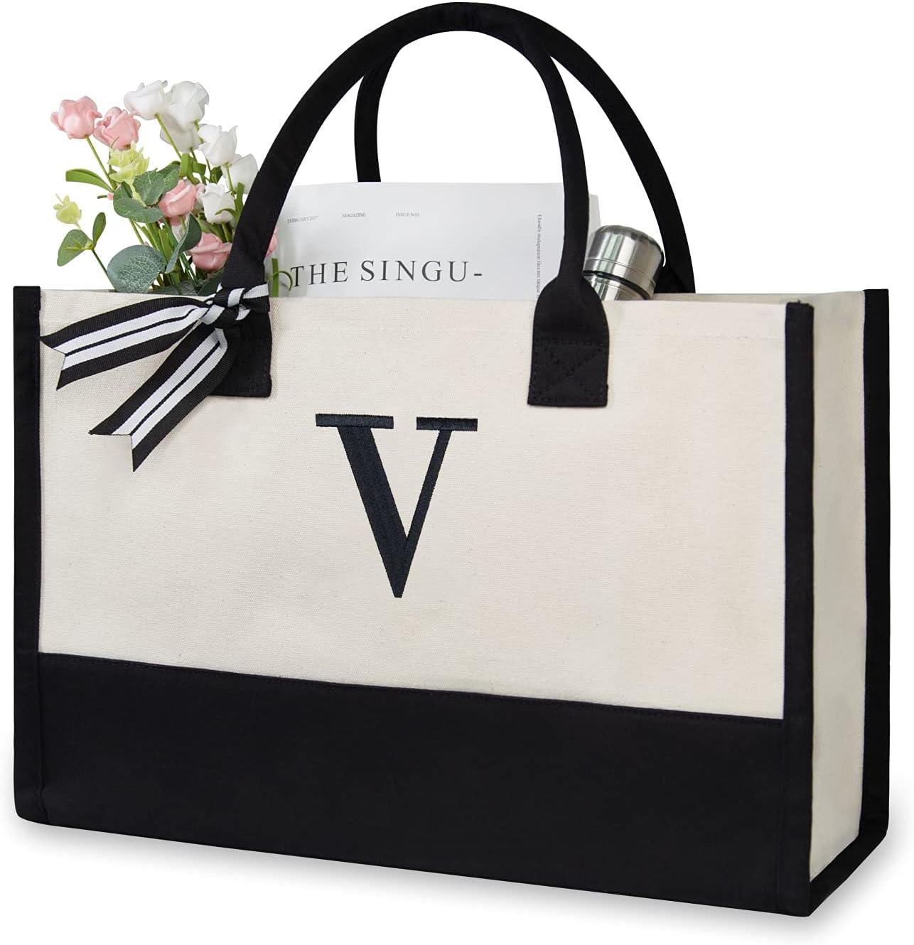 TOPDesign Embroidery Initial Canvas Tote Bag, Personalized Present Bag, Suitable for Wedding, Birthday, Beach, Holiday, is a Great Gift for Women, Mom, Teachers, Friends, Bridesmaids (Letter V)