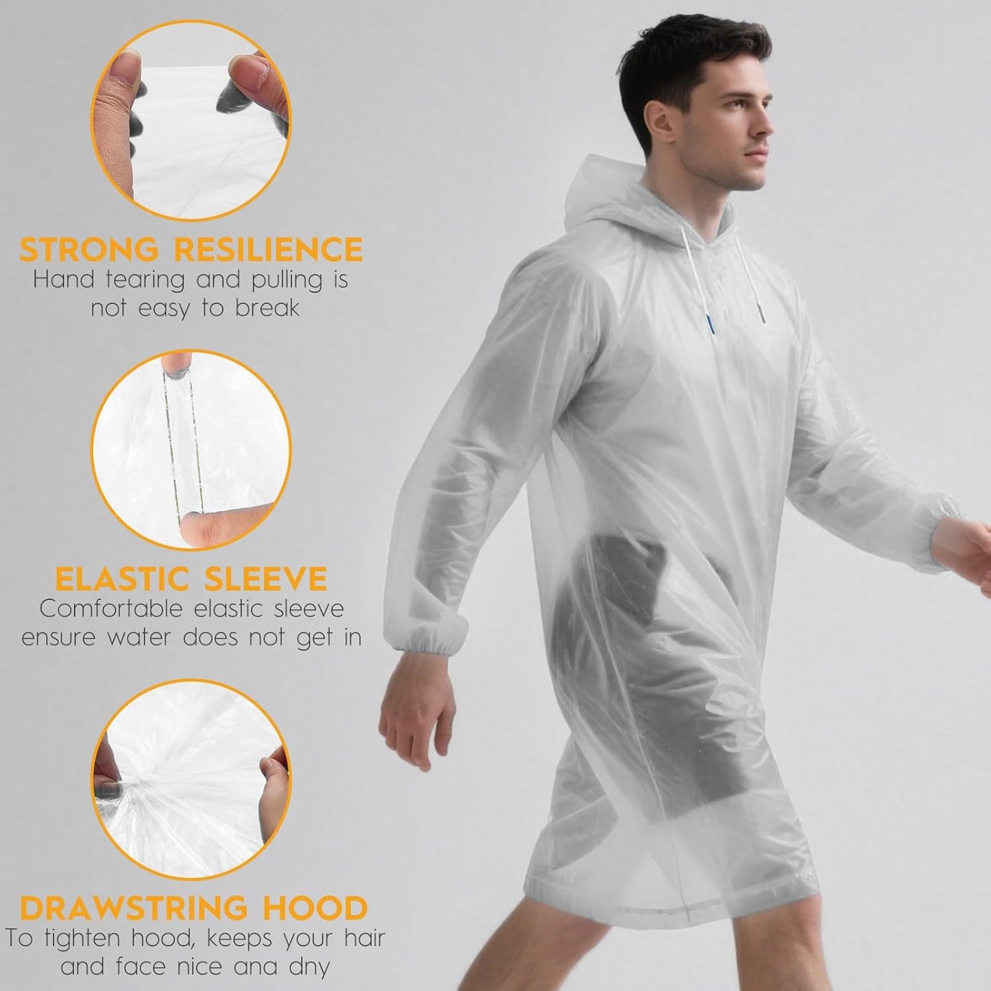 Bruvoalon 6 & 20 Pack Disposable Rain Ponchos for Adults/Youth, Waterproof PE Raincoats with Drawstring, Camping/Emergency