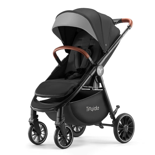 Tinyiota Baby Stroller, Infant Stroller with Large UPF 50+ Canopy,Luxury Pram Strollers with Leather Handle & Spacious Seat, One-Hand Foldable Pushchair, Toddler Carriage with Lie-Flat Mode(Black)