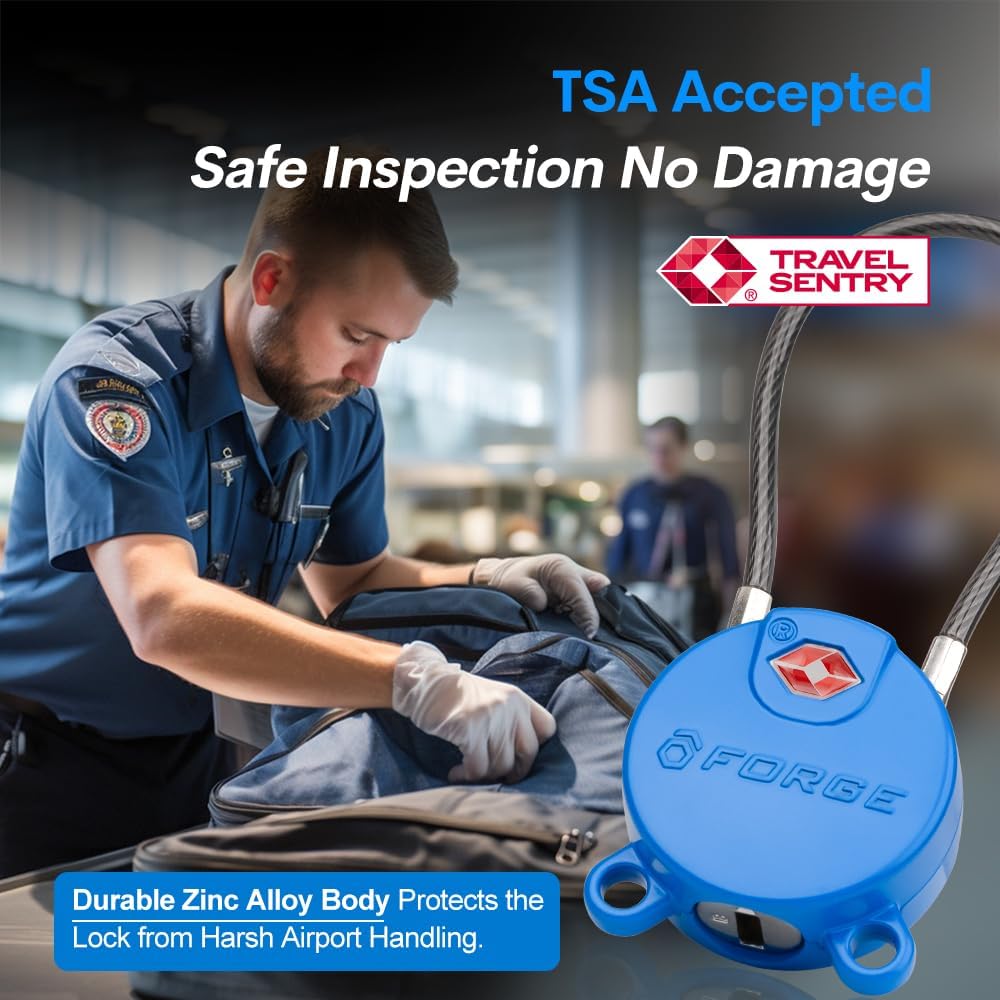 Forge TSA Approved Luggage Locks Ultra-Secure Dimple Key Travel Cable Locks with Zinc Alloy Body- 4 Locks, Black, Blue, red, Green.