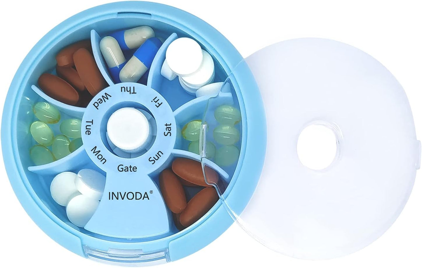 INVODA Weekly Pill Organizer 7 Compartment Rotating Pill Box for Daily Medication & Vitamins - Portable Travel Pill Case Fish Oil Supplements Vitamins Organizer (Pink+Blue)