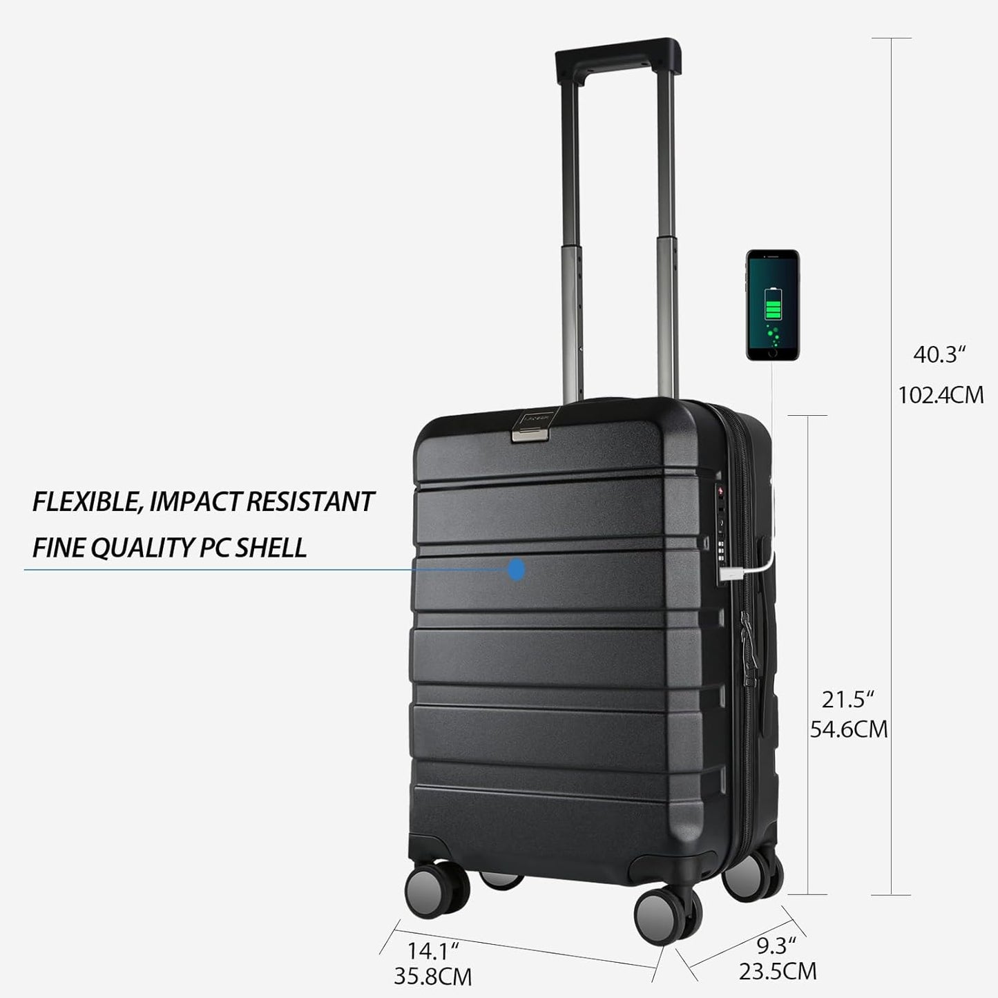 KROSER Hardside Expandable Carry On Luggage with Spinner Wheels & Built-in TSA Lock, Durable Suitcase Rolling Luggage with USB Port, Carry-On 20-Inch, Black