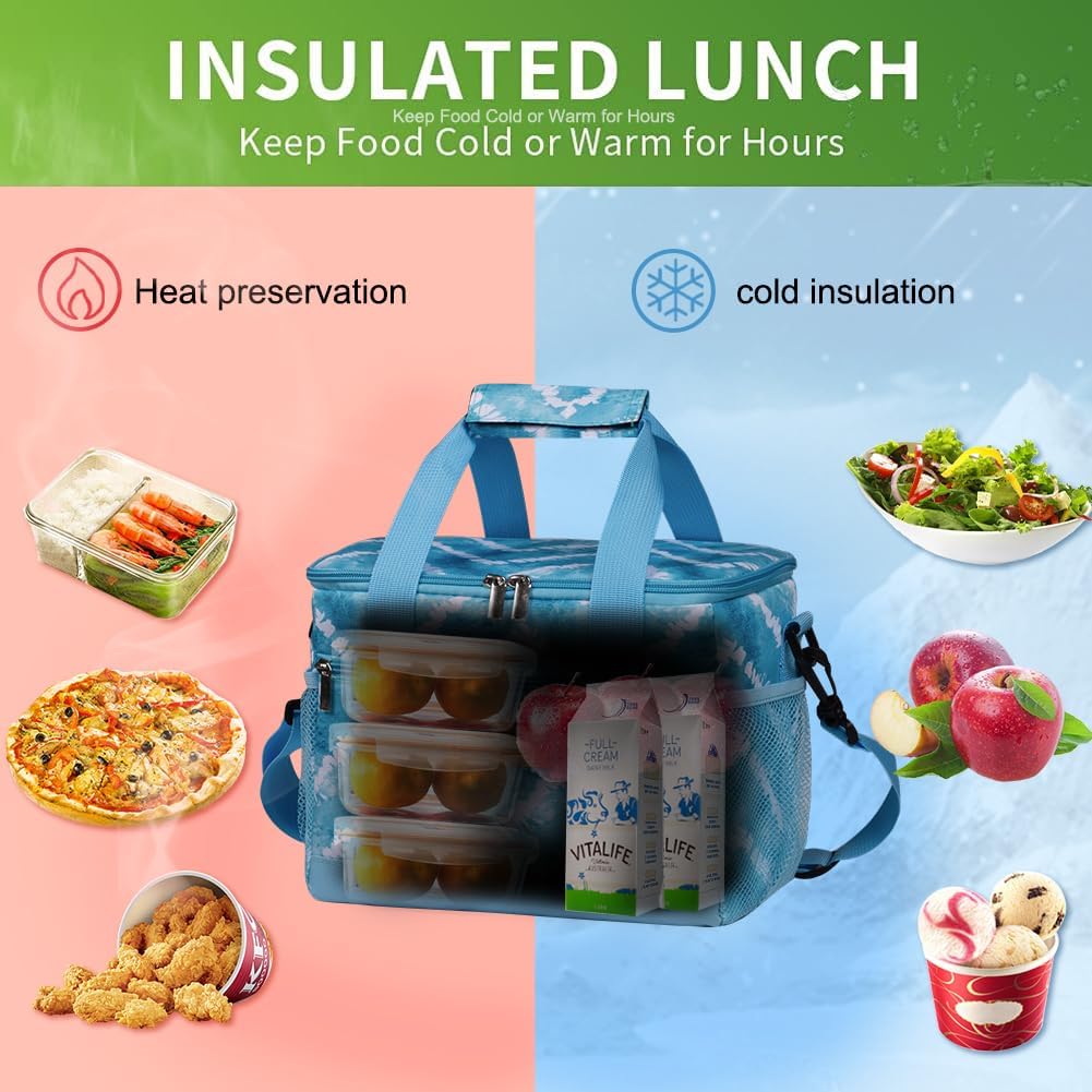 iknoe Large Foldable Cooler Bag, 8.5L Insulated Lunch Bag, Leakproof Lunch Cooler Tote with Multi-Bag Design Suitable for Beach, Picnic and Office Use, Blue White 15-Can
