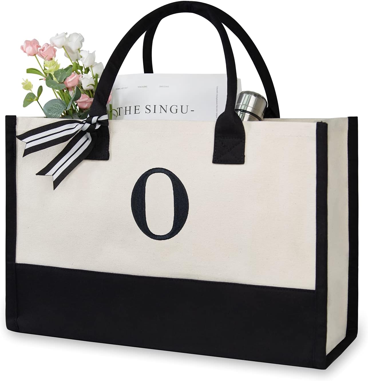 TOPDesign Embroidery Initial Canvas Tote Bag, Personalized Present Bag, Suitable for Wedding, Birthday, Beach, Holiday, is a Great Gift for Women, Mom, Teachers, Friends, Bridesmaids (Letter O)