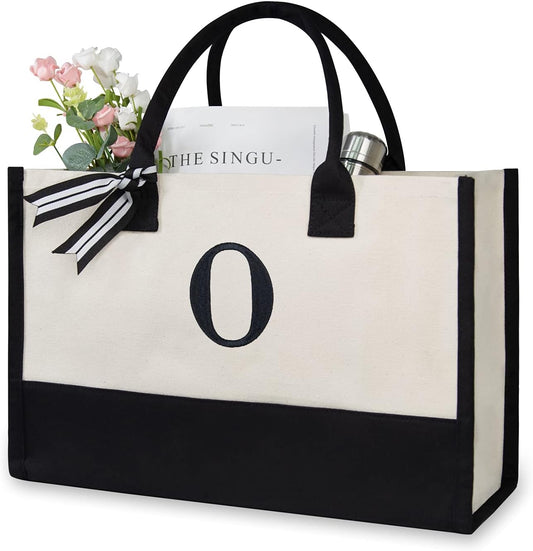TOPDesign Embroidery Initial Canvas Tote Bag, Personalized Present Bag, Suitable for Wedding, Birthday, Beach, Holiday, is a Great Gift for Women, Mom, Teachers, Friends, Bridesmaids (Letter O)