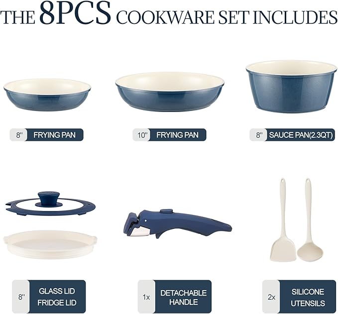 8Pcs Pots and Pans Set Nonstick Ceramic Cookware Set Removable Handle Induction - Image 2