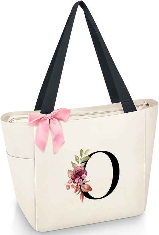 Vavabox Tote Bag, A-Z Initial Monogrammed Waterproof Tote Bag, Bridesmaid Gifts for Women, Black and Pink