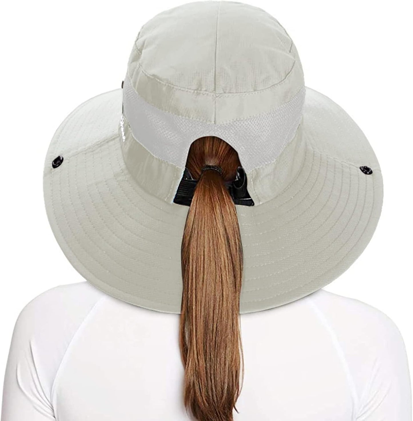 Rosoz Ponytail Sun Bucket Hats for Women UV Protection Foldable Mesh Wide Brim Hiking Beach Fishing Summer Safari