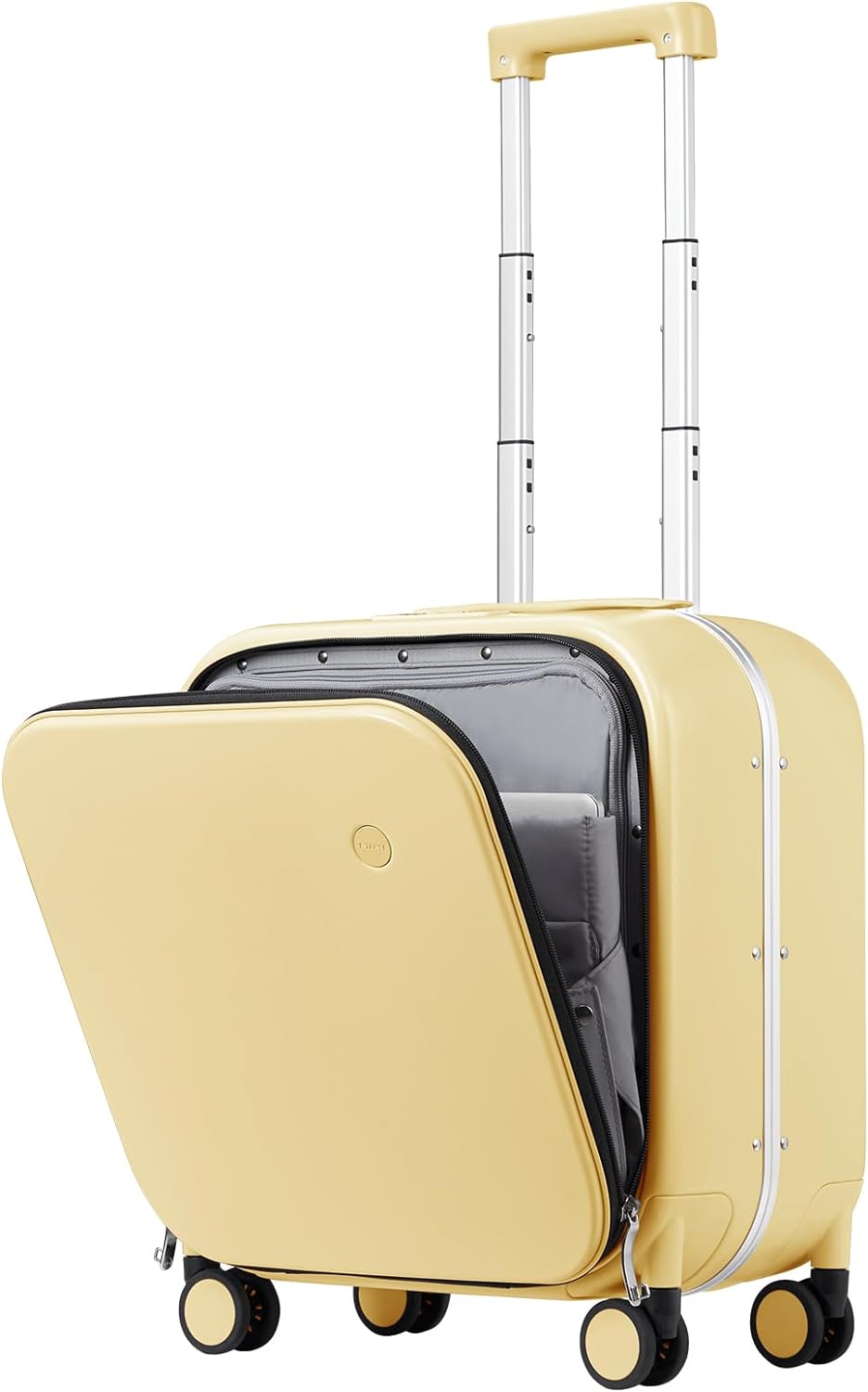 mixi Carry On Luggage, 18” Suitcase with Front Laptop Pocket, Travel Luggage Aluminum Frame PC Hardside with Spinner Wheels & TSA Lock and Cover (Not for Underseat), Lark Yellow