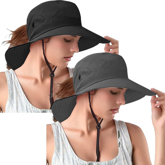 Rosoz Ponytail Sun Bucket Hats for Women UV Protection Foldable Mesh Wide Brim Hiking Beach Fishing Summer Safari