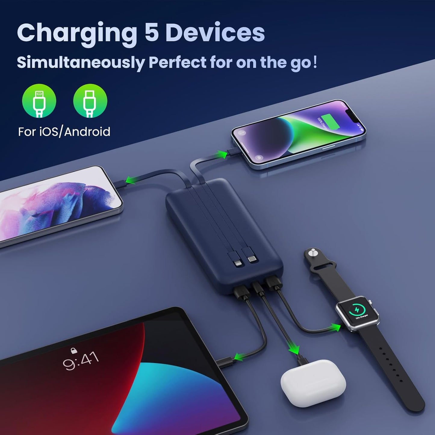 Portable Charger 40,800mAh Power Bank, 25W PD QC 4.0 Fast Charging Portable Phone Charger with Built-in Cables,LCD Display USB C Battery Pack Compatible with iPhone 16/15/14,Android Samsung (Blue)