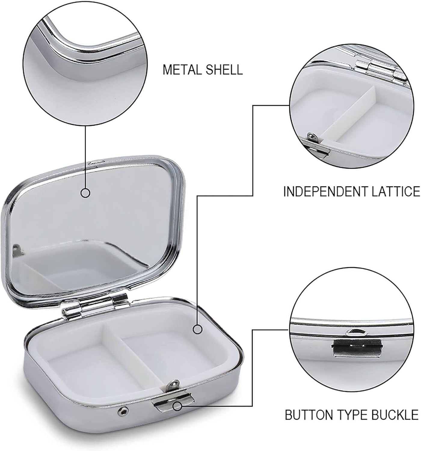Metal 2 Compartment Pill Organizer Travel Friendly Portable Compact Pill Box Cute Pill Case,for Pocket Wallets Daily Portable Medicine Vitamin Tablet Storage (The Sun and The Moon)