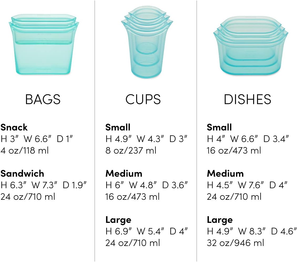 Zip Top Reusable Food Storage Bags | Full Set of 8 [Gray] | Silicone Meal Prep Container | Microwave, Dishwasher and Freezer Safe | Made in the USA