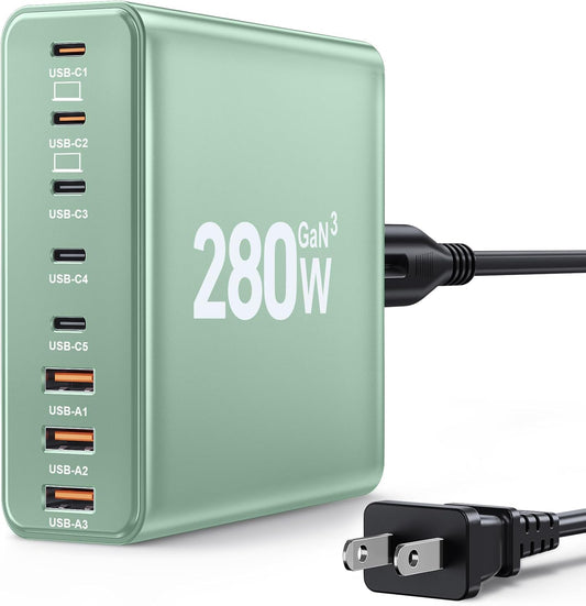 280W USB C Charger Block, 8-Port USB C Charging Station GaN III PD 65W Laptop Charger Adapter Compatible with MacBookPro/Air,DELL,iPad,Portable Charging Station for iPhone,Samsung Galaxy(Green)