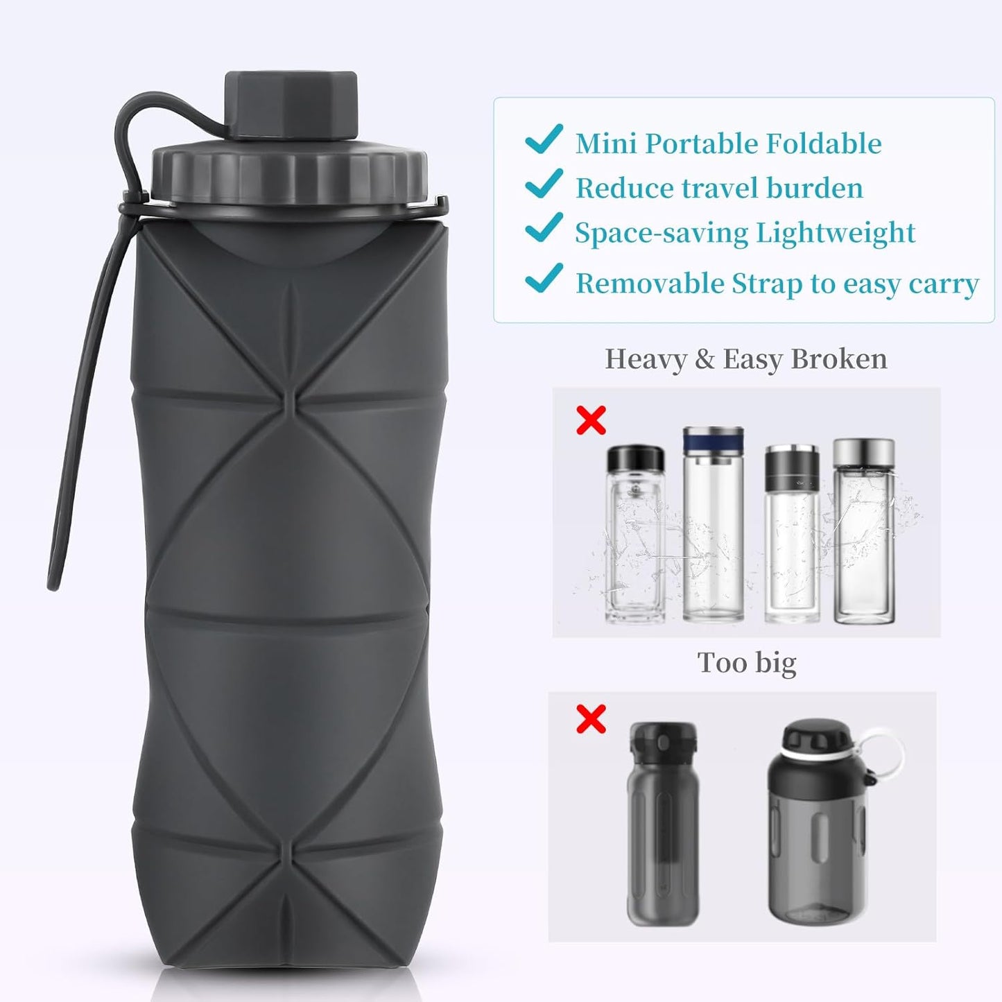 Silicone Collapsible Water Bottles,Lightweight Reusable Leakproof For Traveling Camping Hiking Cycling Sports Outdoor,Foldable Portable Travel Water Bottle 600ML Dark Grey And Dark Blue 2Pack.