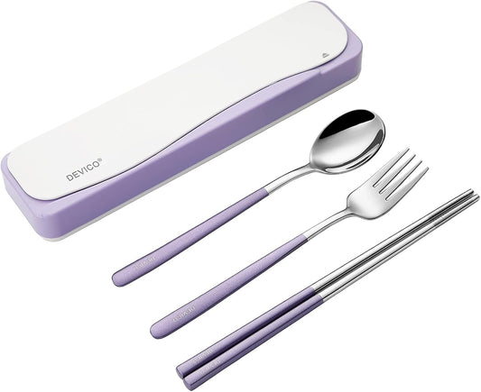 DEVICO Travel Utensils With Case, 18/8 Stainless Steel Camping Utensils, Reusable Portable Silverware Cutlery Set For Lunch Box, Include Fork Spoon Chopsticks