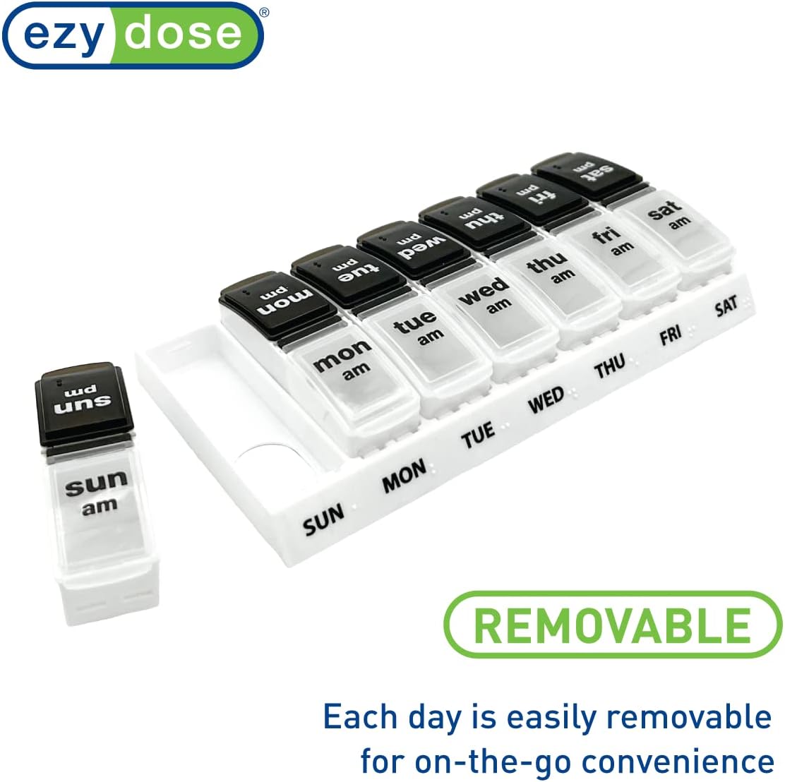 EZY DOSE Weekly (7-Day) Daily AM/PM Pill Case, Medicine Planner, Vitamin Organizer, Supplement Container, Large Pop-Out Compartments, Designed for Travel 2 Times a Day, Black and White Lids
