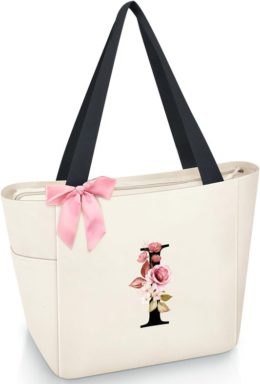 Vavabox Tote Bag, A-Z Initial Monogrammed Waterproof Tote Bag, Bridesmaid Gifts for Women, Black and Pink