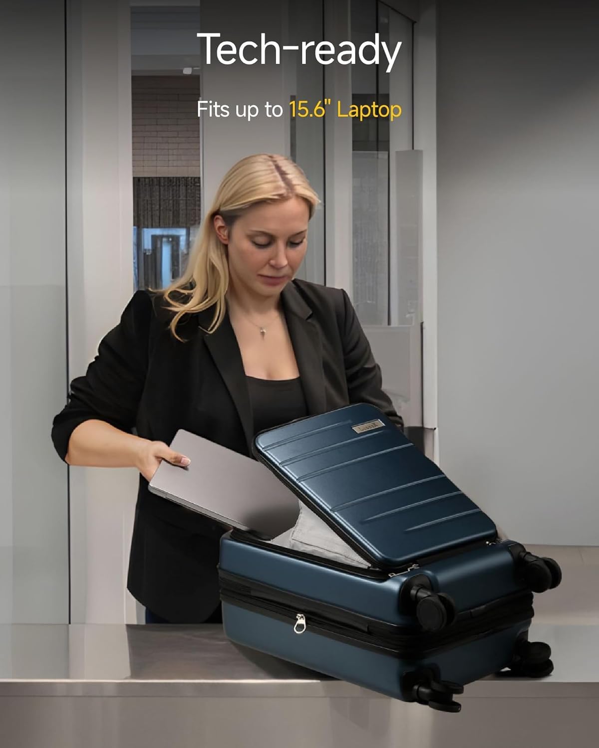 LUGGEX Carry On Luggage 22x14x9 Airline Approved, Expandable Polycarbonate Suitcase with Front Pocket (Blue, 20 Inch, 35L)