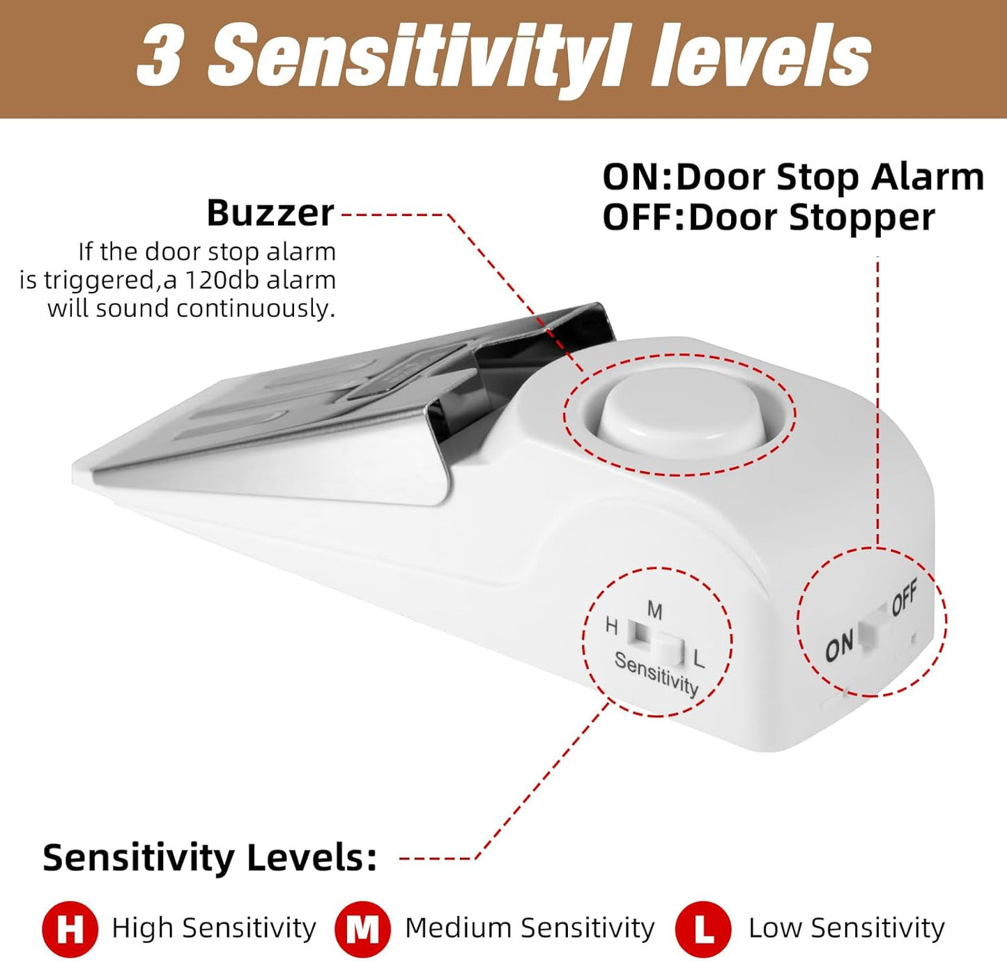 2 Pack Portable Door Lock & 120dB Travel Door Stopper Alarm, 3-Level Sensitivity Adjustable Travel Security Wedge for Hotel Home Apartment Dorm