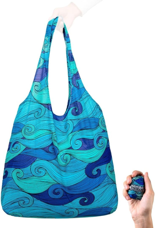 Nanobag Ultra-Lightweight Foldable Tote for Women & Men, Reusable Grocery & Travel Bag, Packable Collapsible Compact Market Essential (Standard Blue Waves)