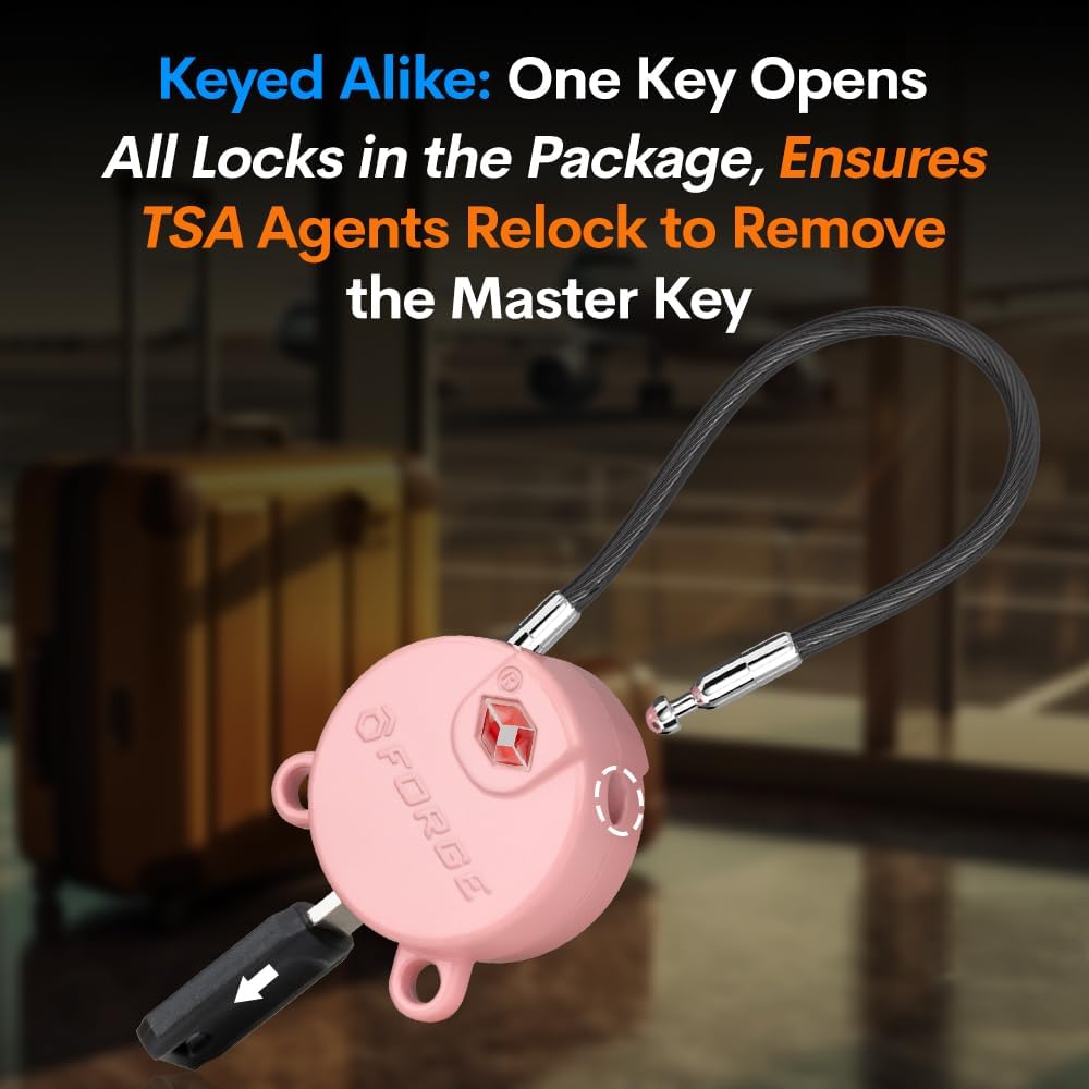 Forge TSA Approved Luggage Locks Ultra-Secure Dimple Key Travel Cable Locks with Zinc Alloy Body- 4 Locks, Black, Blue, red, Green.
