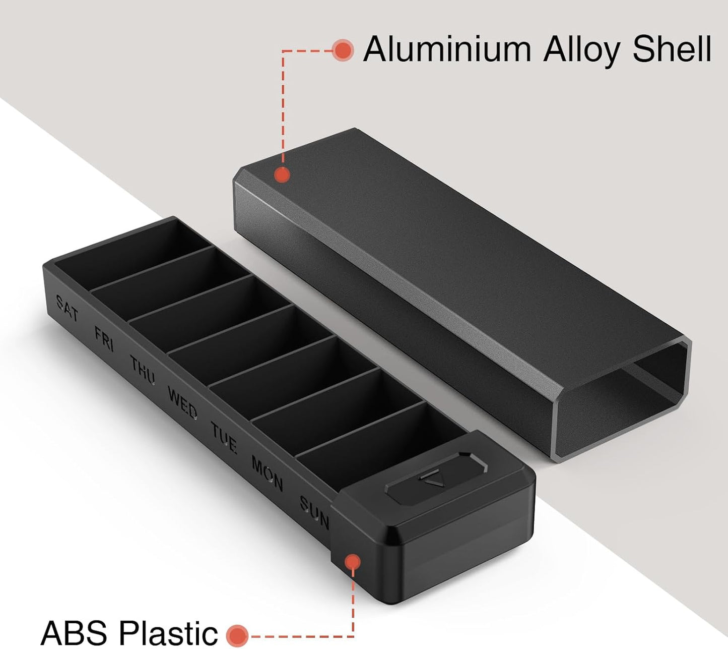 HEIYING Pill Organizer with Aluminum Shell for One Week Capacity, Portable 7 Compartments Pill Box Container to Hold Vitamin, Medicine, Supplements