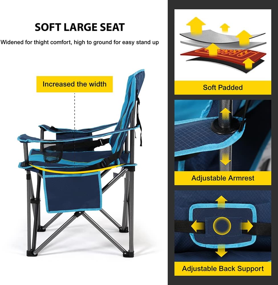 FAIR WIND Oversized Fully Padded Camping Chair with Lumbar Support, Heavy Duty Cooler Bag Fold Chair Support 450 LBS, Green