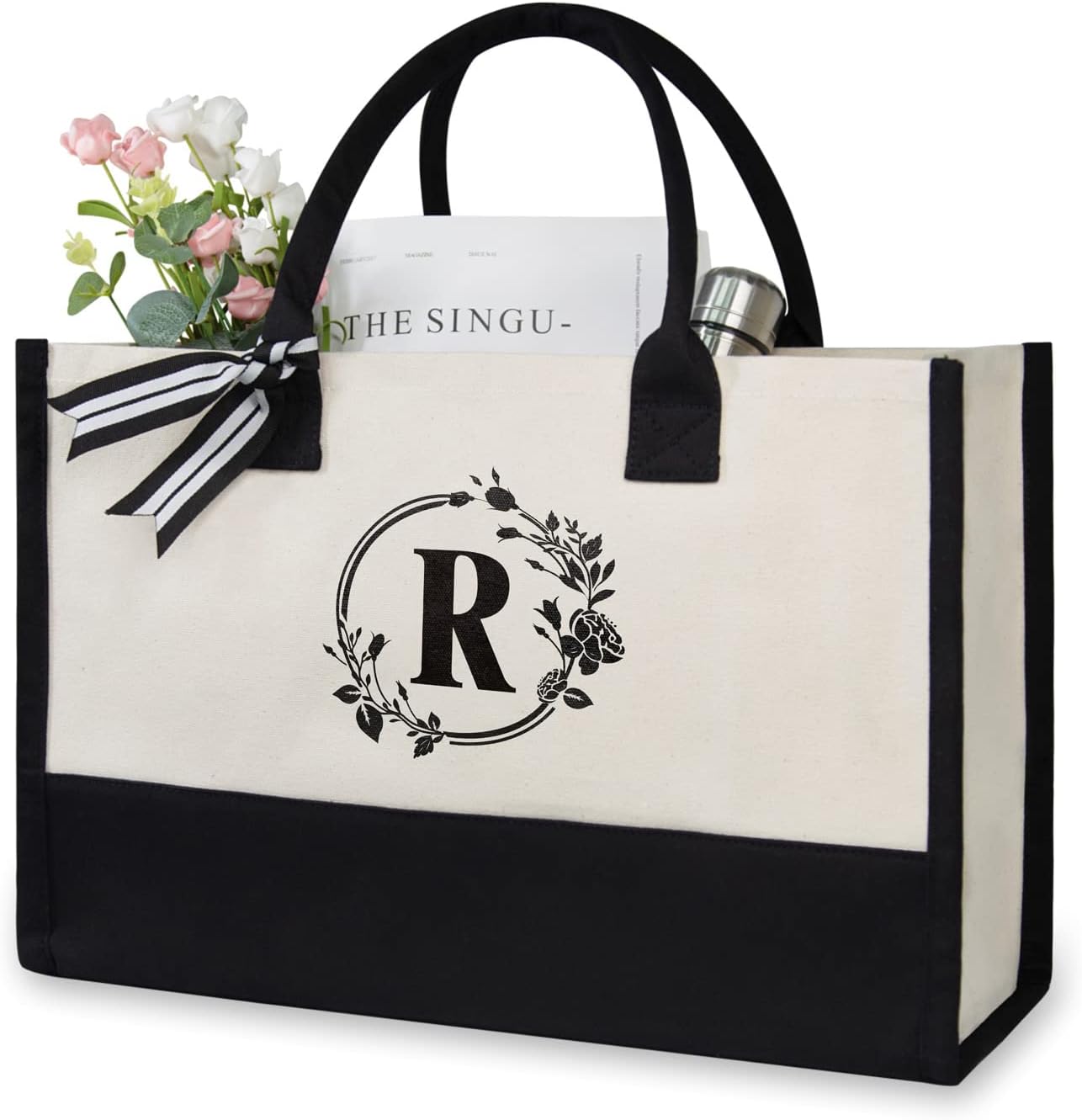TOPDesign Personalized Initial Jute/Canvas Beach Bag, Monogrammed Gift Tote Bag for Women