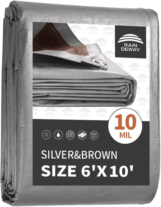 RAINDEWAY Small Tarps Heavy Duty Waterproof 6x10 Feet, 10Mil Multipurpose Poly Tarp Cover with Metal Grommets Camping Tarpaulin, Silver/Brown Tarp Finished Size