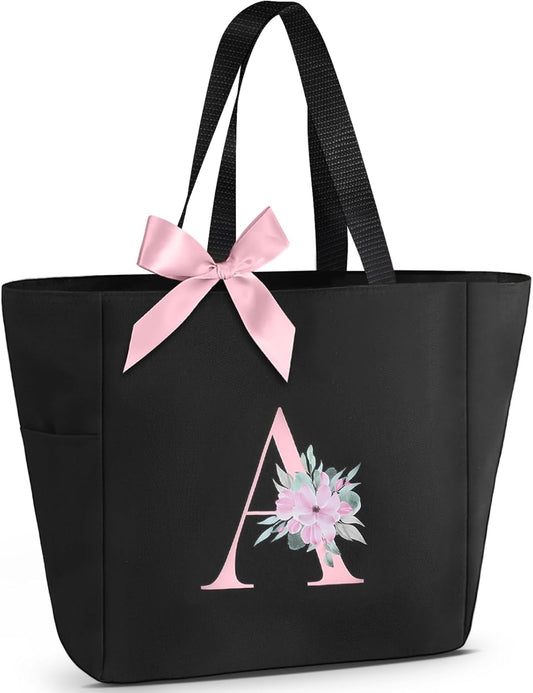 Vavabox Tote Bag, A-Z Initial Monogrammed Waterproof Tote Bag, Bridesmaid Gifts for Women, Black and Pink