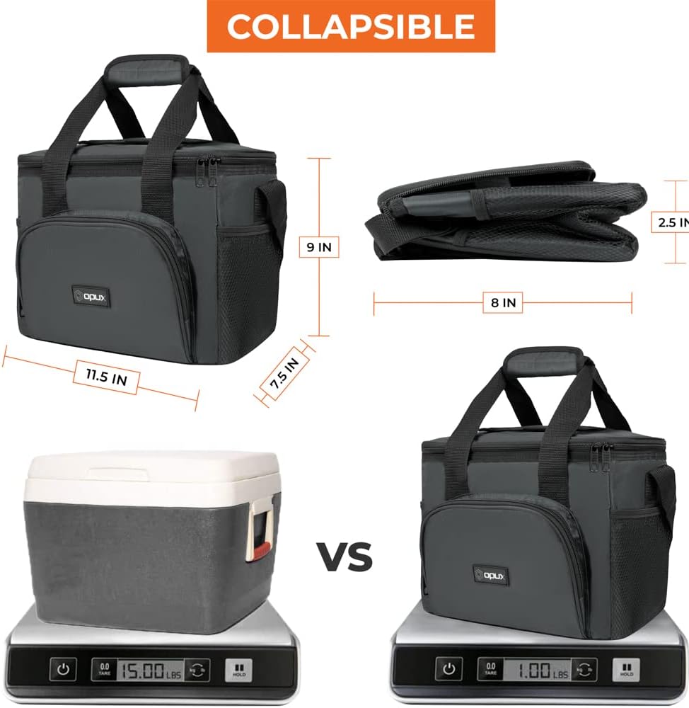 OPUX Soft Cooler Bag, Insulated Collapsible Soft Sided Cooler Lunch Cooler Bag for Men Work Camping Beach Travel, Leakproof Lunch Box 18 Cans, Gray