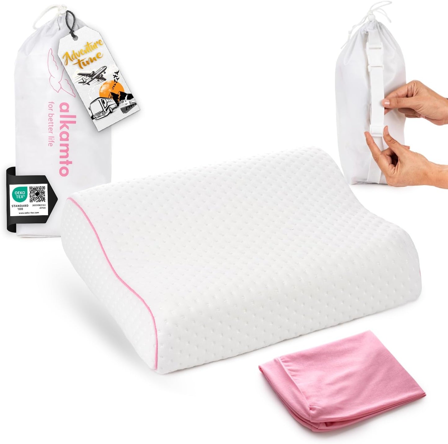 Travel & Camping Comfortable Memory Foam Pillow – Easy to Carry Portable Bag – Temperature Regulating Pillow Case (Pink Contour + Extra Cover)