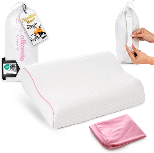 Travel & Camping Comfortable Memory Foam Pillow – Easy to Carry Portable Bag – Temperature Regulating Pillow Case (Pink Contour + Extra Cover)