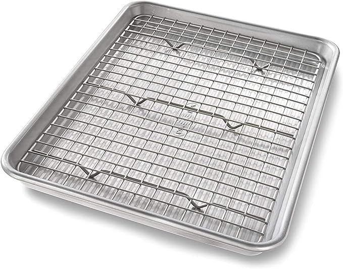 USA Pan Bakeware Quarter Sheet Baking Pan and Bakeable Nonstick Cooling Rack Set by USAPan