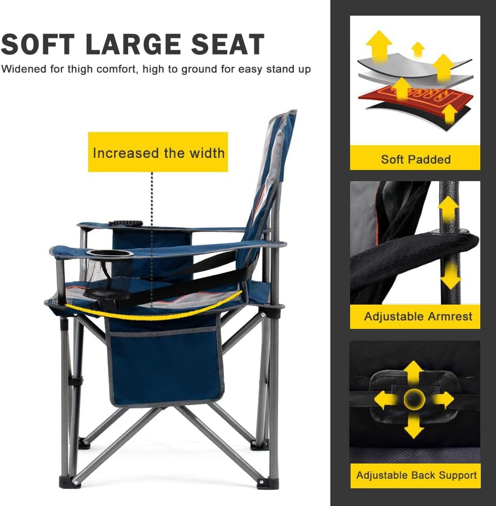 FAIR WIND Oversized Fully Padded Camping Chair with Lumbar Support, Heavy Duty Quad Fold Arm Chair with Cooler Bag - Support 450 LBS，Blue