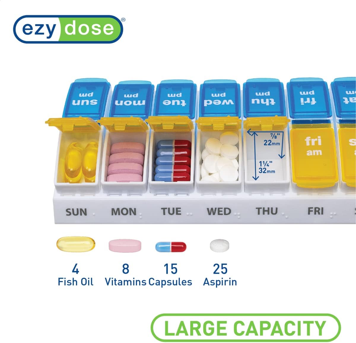 EZY DOSE Weekly AM/PM Pill Organizer, 7-Day Vitamin and Medication Box with Large Pop-Out Compartments, 2 Times a Day Pill Holder for Easy Dosing, Yellow and Blue Lids, Travel-Friendly Design