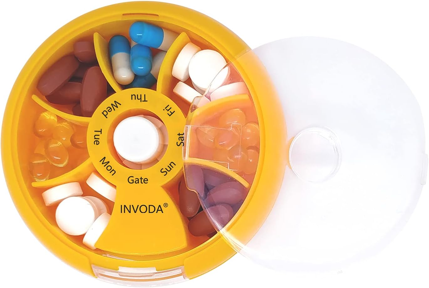 INVODA Weekly Pill Organizer 7 Compartment Rotating Pill Box for Daily Medication & Vitamins - Portable Travel Pill Case Fish Oil Supplements Vitamins Organizer (Blue+Orange)