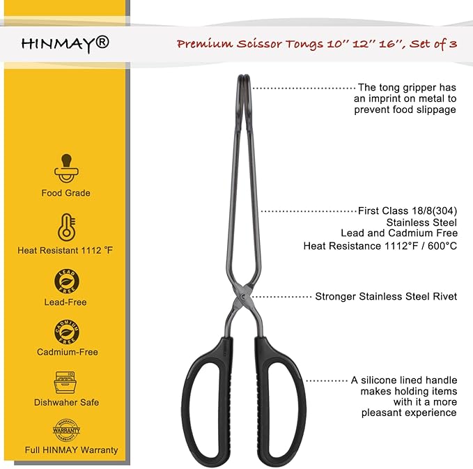 HINMAY 10" 12" 16" Stainless Steel Kitchen Tongs Set, Non-Slip Comfortable Grip - Image 2