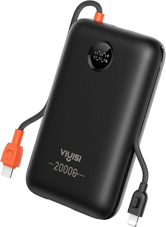 Portable Charger 20000mAh 30W Fast Charging, Power Bank with Built-in Cables & LED Display, USB C Battery Pack for iPhone 16/15/14/13, Samsung, iPad and Android Phones, Ideal for Travel -Black