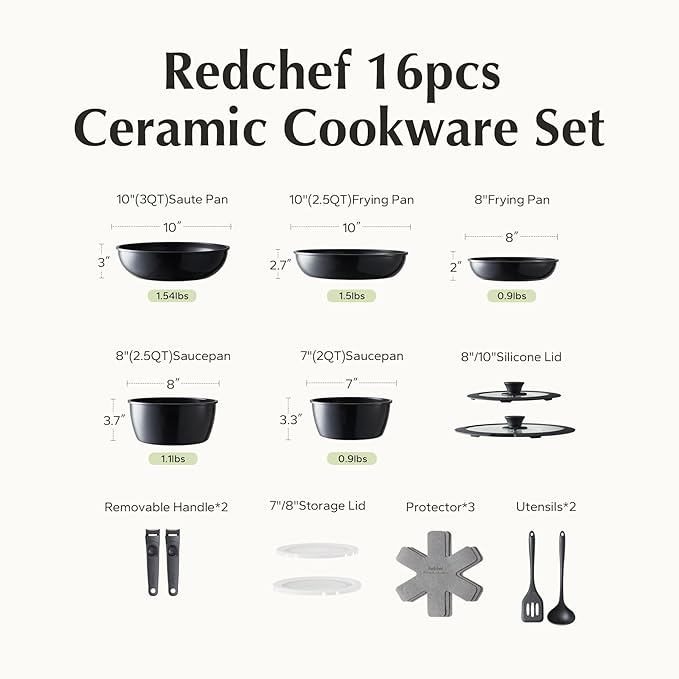 Redchef 16pcs Ceramic Pots and Pans Set Non Stick, Nonstick Kitchen Cookware Set - Image 9