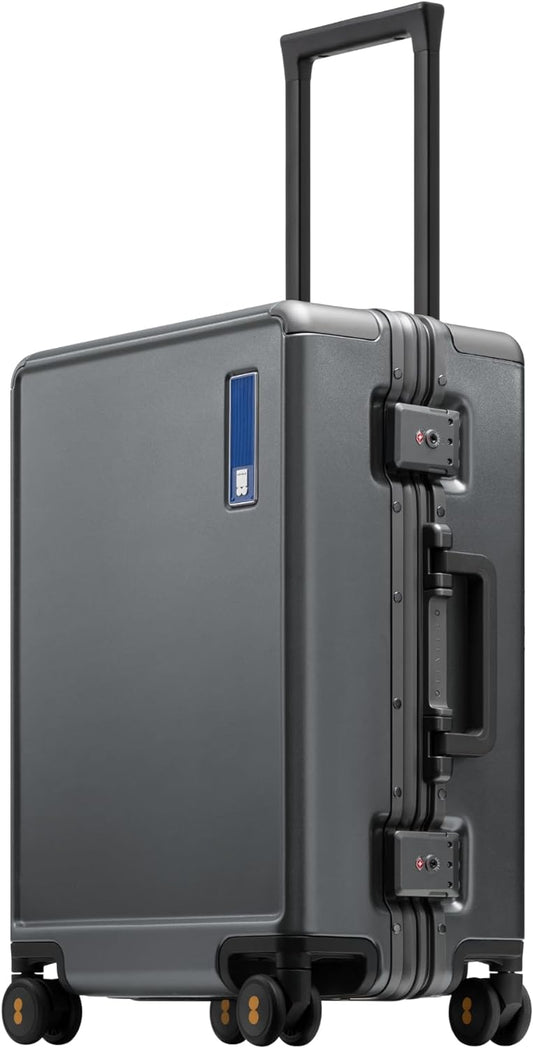 LEVEL8 Zipperless Carry On Luggage Airline Approved with Aluminum Frame, Hard Shell Suitcase with Spinner Wheels, Metal Checked Luggage with Double Tsa Locks, 20 Inch, Grey