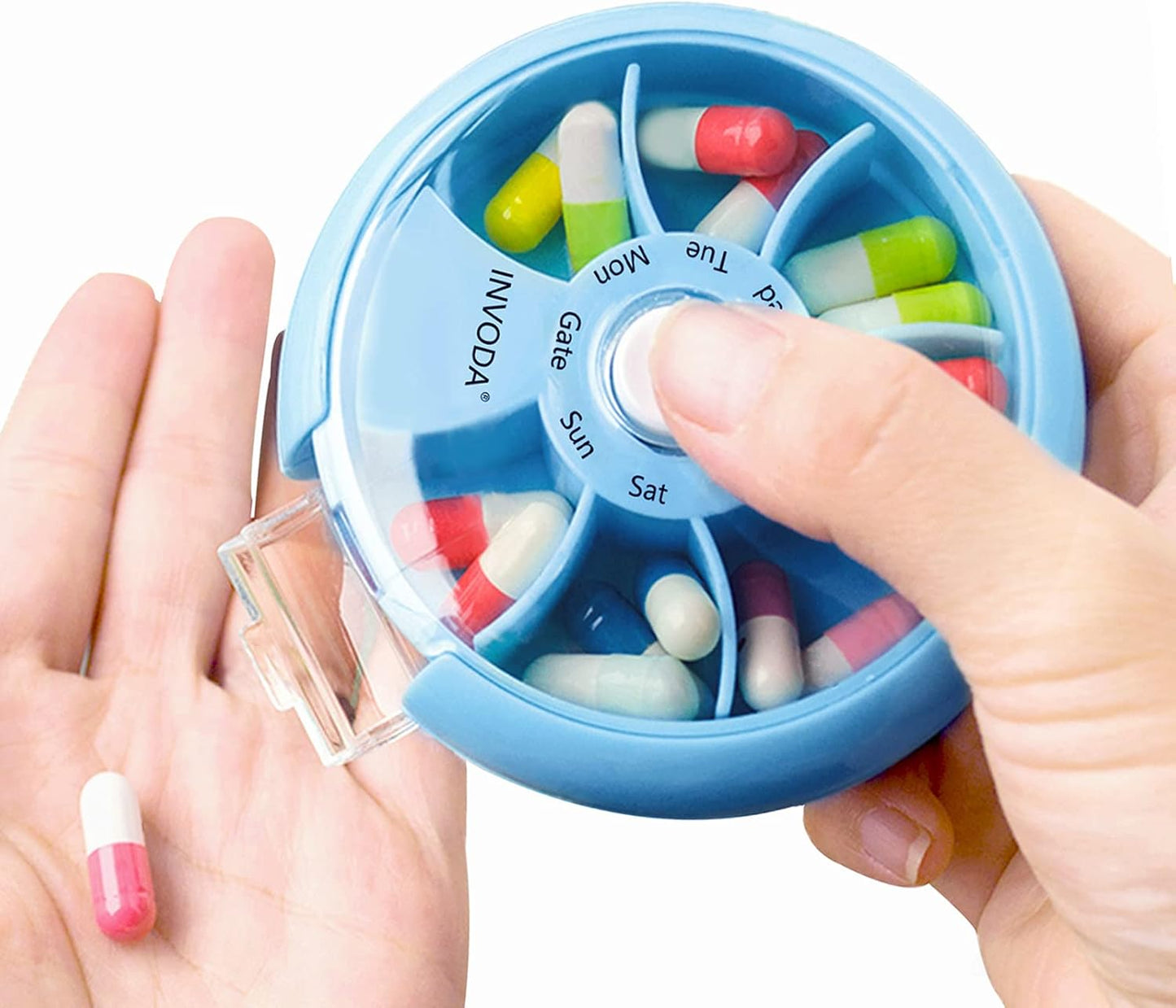 INVODA Weekly Pill Organizer 7 Compartment Rotating Pill Box for Daily Medication & Vitamins - Portable Travel Pill Case Fish Oil Supplements Vitamins Organizer (Blue+Bag)
