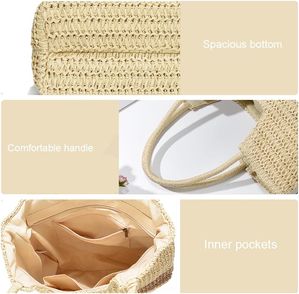 Straw Beach Bags for Women Woven Beach Tote Bag Casual Boho Large Shoulder Handbags Purse for Vacation Holiday
