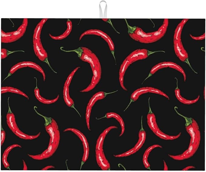 Chili Pepper Dish Drying Mat Red Hot Chili Pepper Black Drying Rack Pad by Unknown